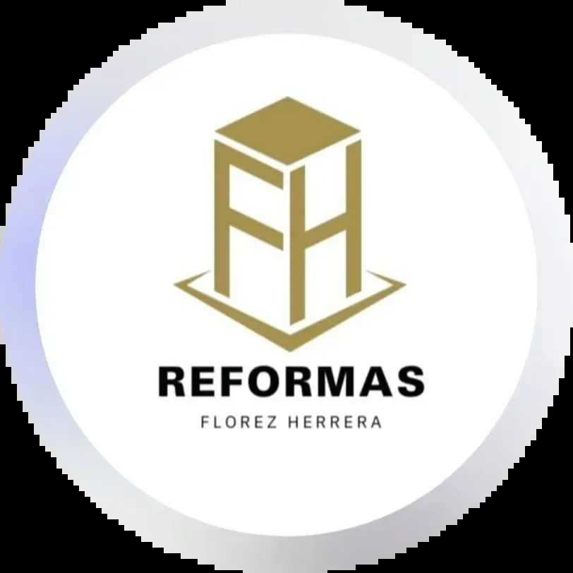 Logotipo dorado: "FH" dentro de un cubo, sobre "REFORMAS - FLOREZ HERRERA", dentro de un c&iacute;rculo blanco y azul.