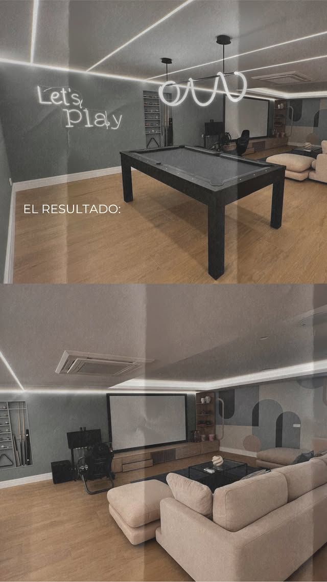 Moderna sala de entretenimiento con mesa de billar, pantalla gigante y sofás. Letrero de neón 
