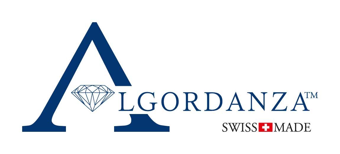 ALGORDANZA-Logo mit einem blauen stilisierten A und einem Diamant-Symbol, Schriftzug „SWISS MADE“.