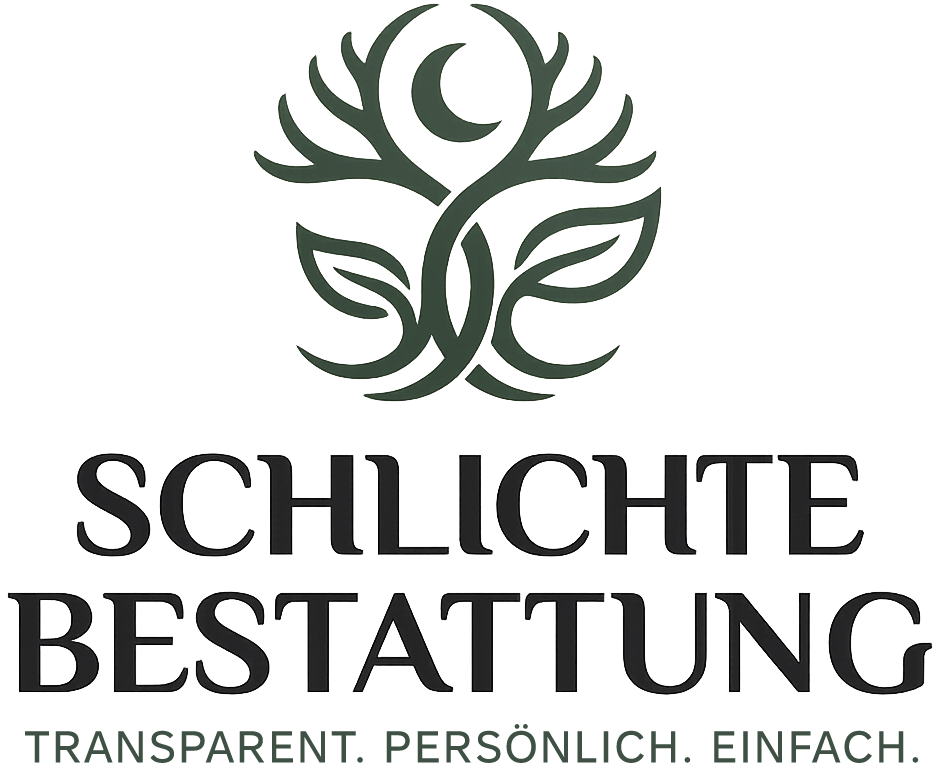 Logo for Schlichte Bestattung with stylized dark green floral figure and tagline