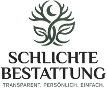 Logo for Schlichte Bestattung with stylized dark green floral figure and tagline