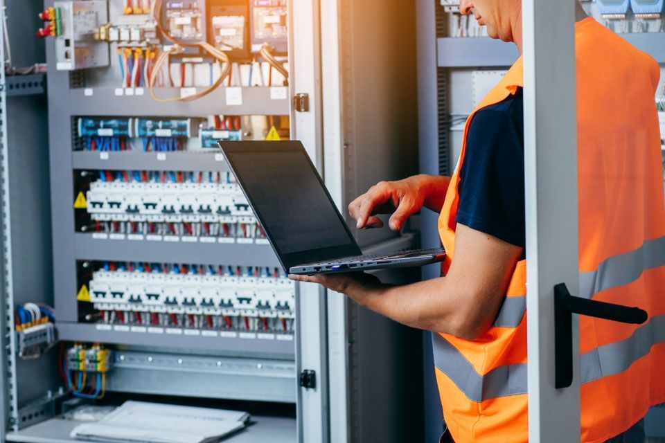 Schaltschrankwartung durch Elektroniker mit Laptop
