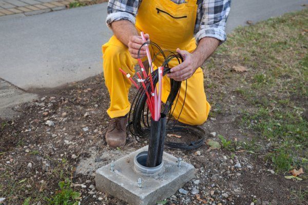 Elektroniker zieht Telekommunikationskabel aus einem Leerrohr