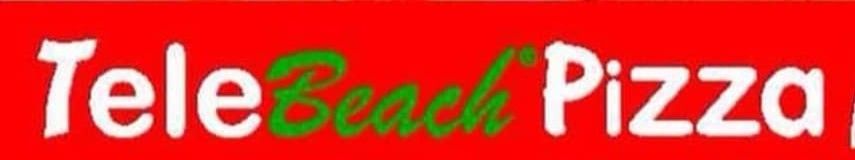 Logotipo de Tele Beach Pizza sobre un fondo rojo; la palabra "Beach" es verde.