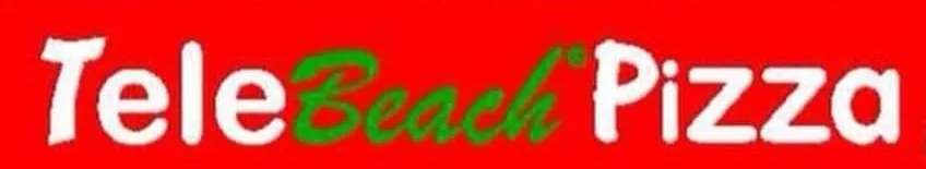 El logotipo de Tele Beach Pizza está sobre fondo rojo. La palabra 