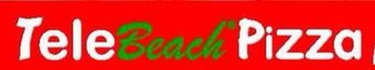 Logotipo de Tele Beach Pizza sobre un fondo rojo; la palabra "Beach" es verde.
