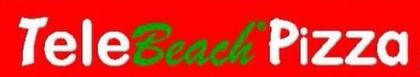Logotipo de Tele Beach Pizza, con texto blanco sobre fondo rojo. La palabra 