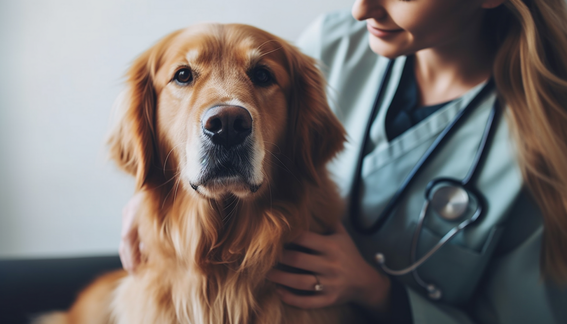 Una veterinaria sostiene un perro con un estetoscopio alrededor del cuello.