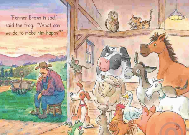 A cartoon of a farmer sitting on a stool surrounded by farm animals.