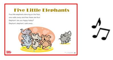 Five little elephants is a song with a picture of elephants and music notes.