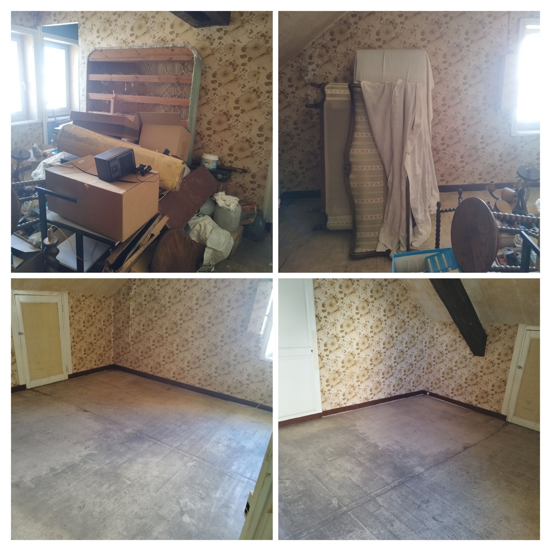 Photos avant et après désencombrement d'une pièce mansardée.