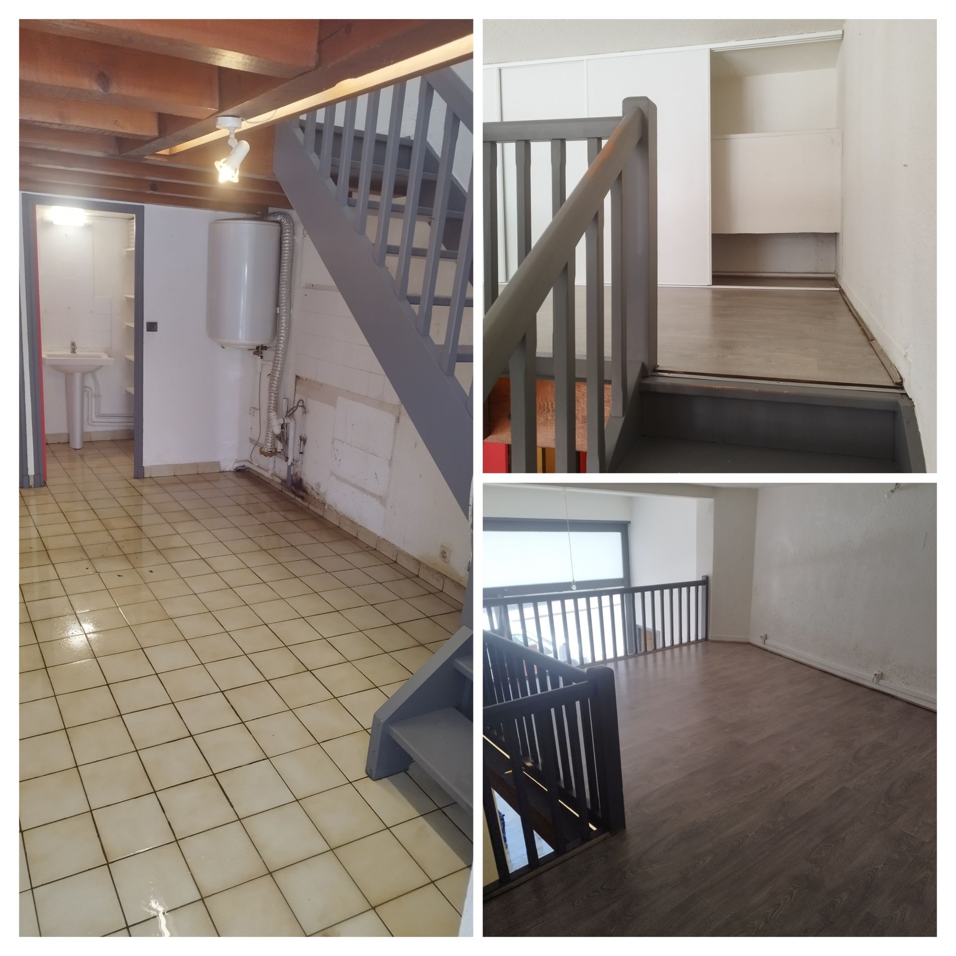 Un montage photo montre un rez-de-chaussée avec un escalier et un chauffe-eau, et un espace loft avec parquet à l'étage.