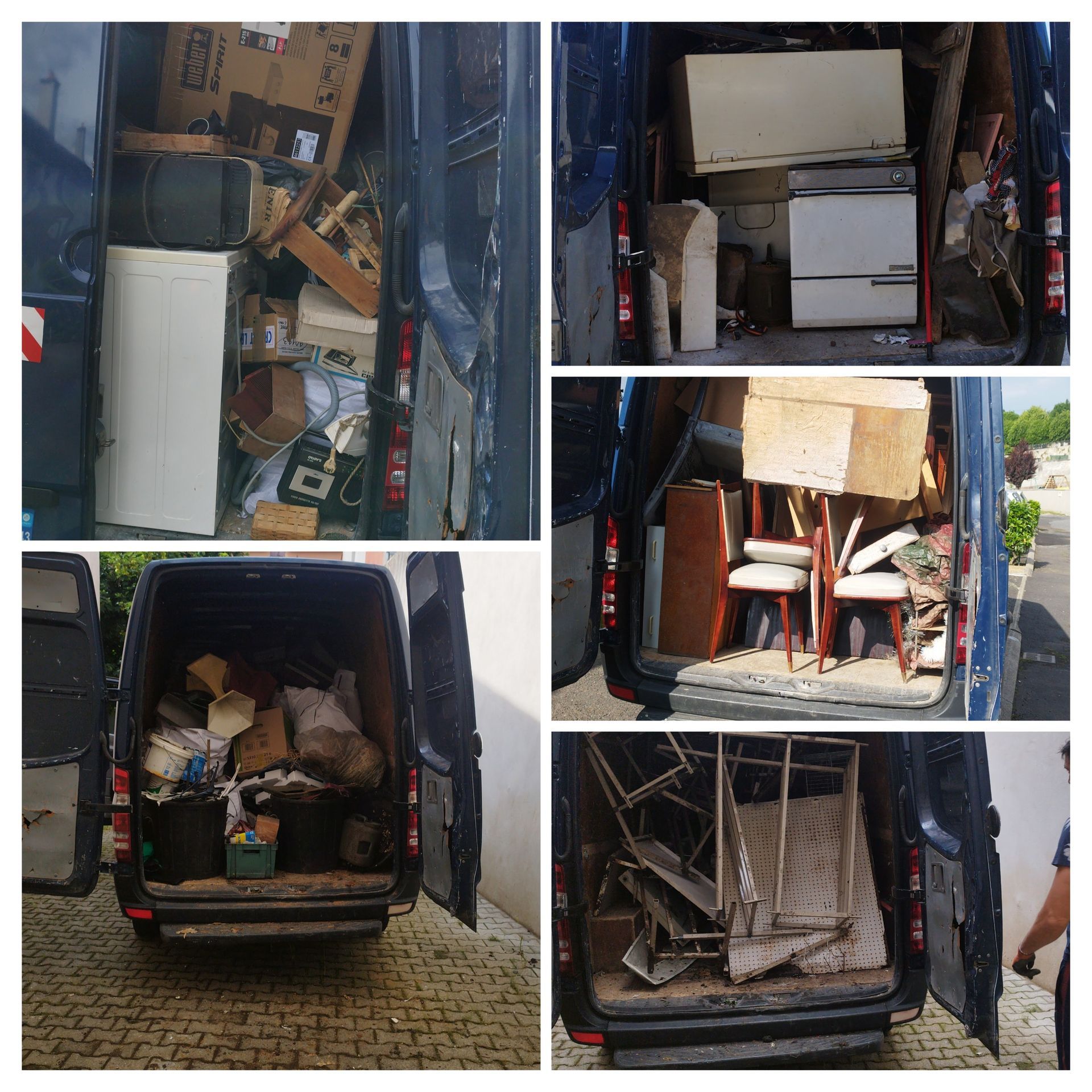 Un collage montrant cinq vues d'une camionnette chargée de divers articles ménagers.