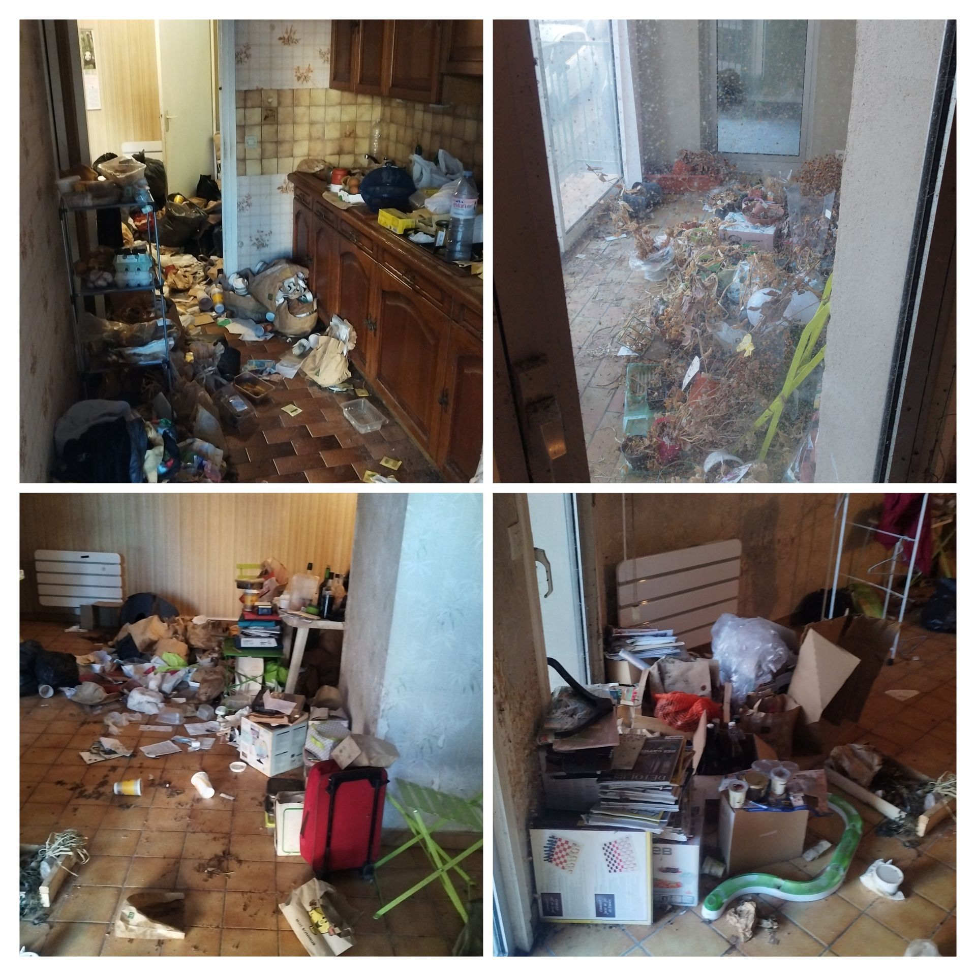 Un collage présentant quatre vues de pièces intérieures de maison encombrées de débris.