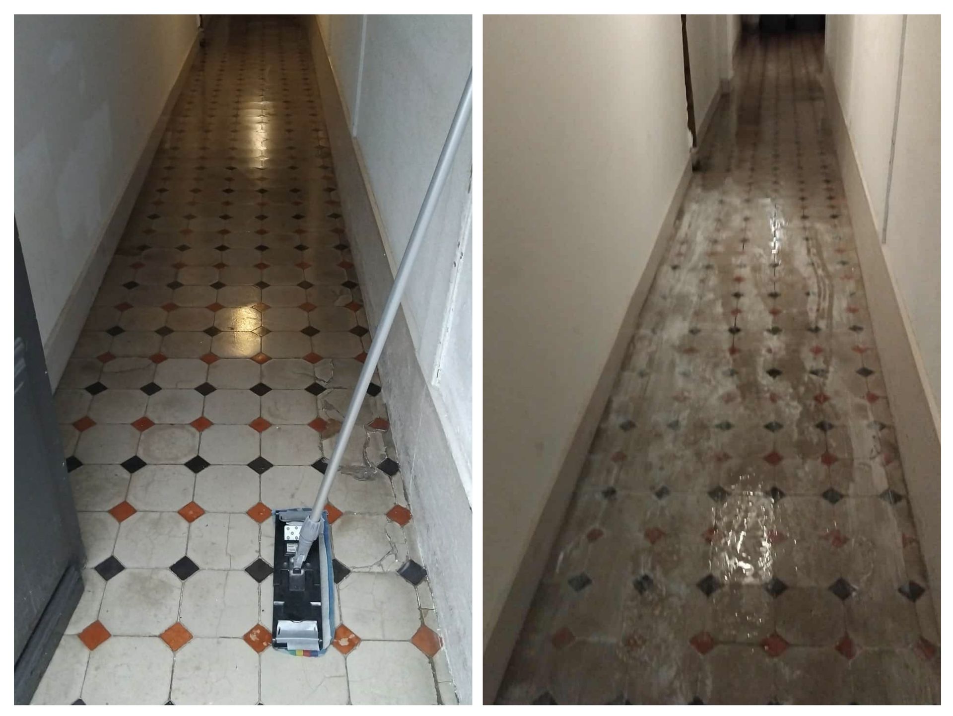 Vue en deux parties d'un sol de couloir carrelé montrant une surface sale à gauche et une surface propre à droite.