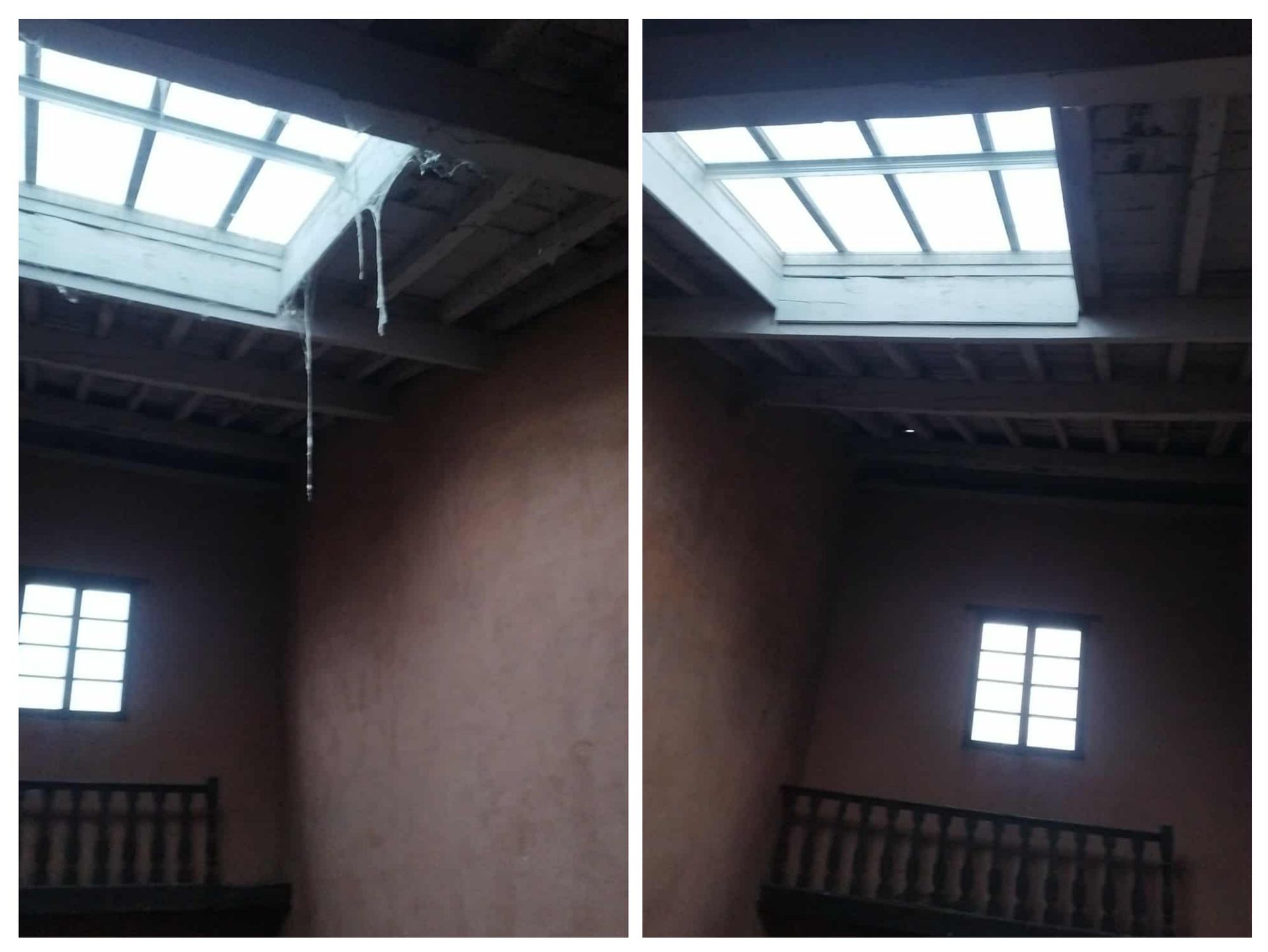 Deux vues d'une pièce intérieure ; sur l'image de gauche, une substance blanche dégouline du bord du puits.