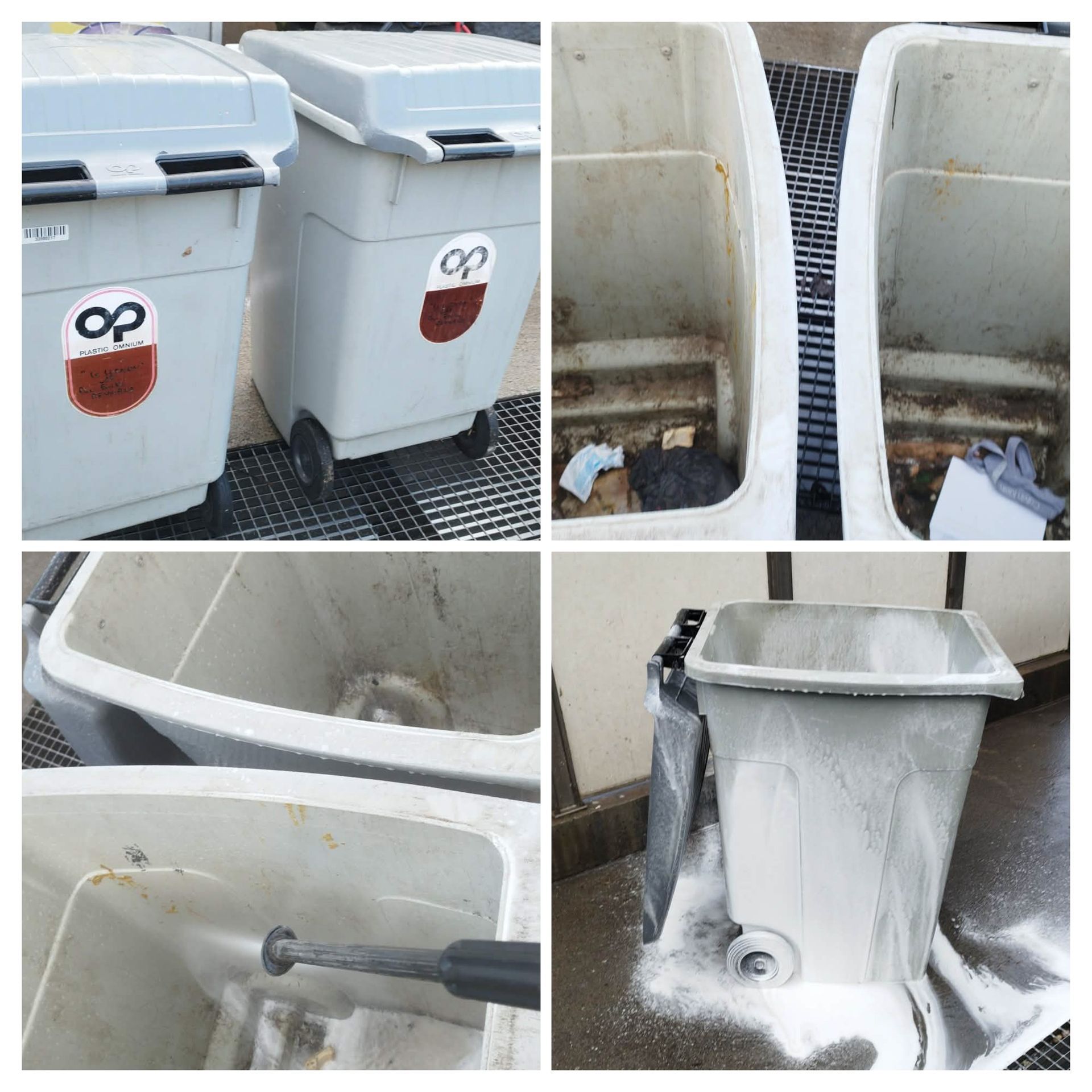 Un collage illustrant le processus de nettoyage des poubelles extérieures grises et sales, à l'eau et au savon.