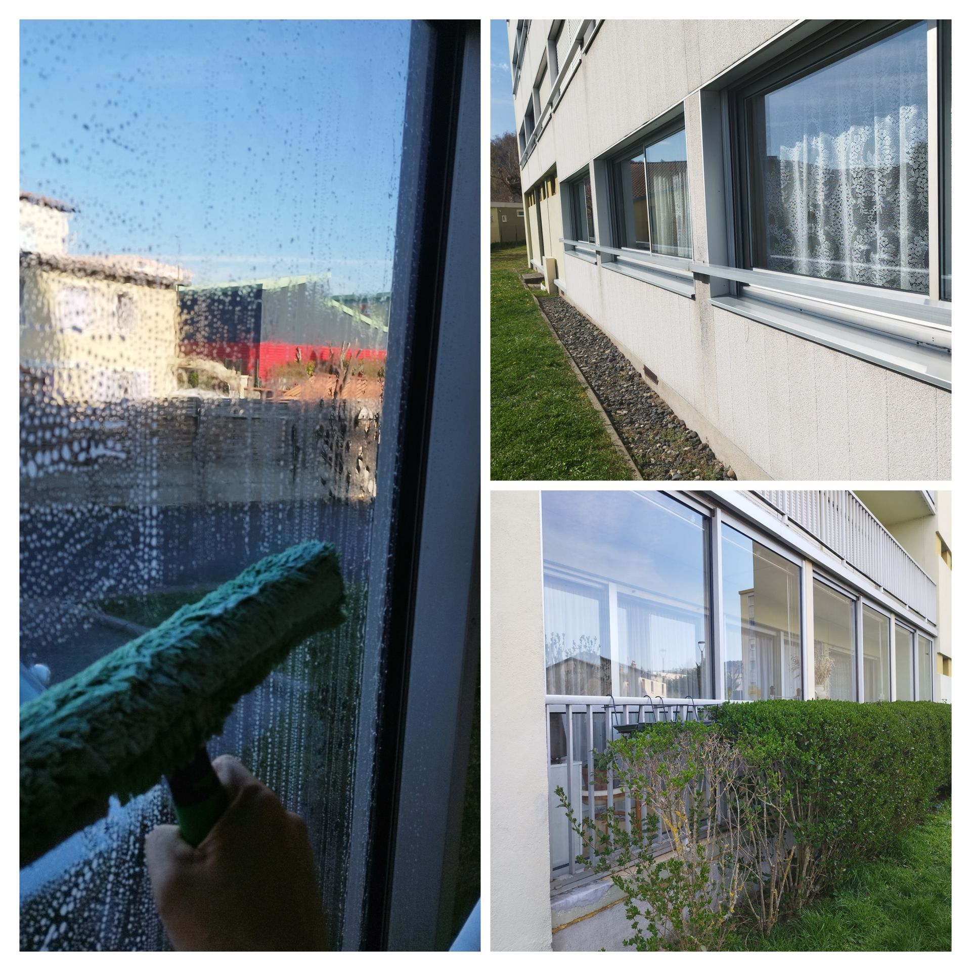 Montage de plusieurs photos, nettoyage de vitres intérieures et extérieures des fenêtres d'un bâtiment.