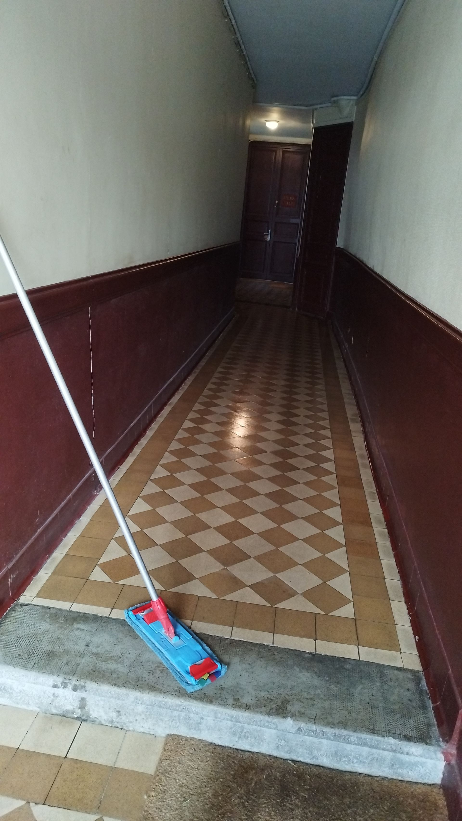 Une serpillière à tête bleue repose sur une marche à l'entrée d'un couloir au sol carrelé de carreaux à damiers.