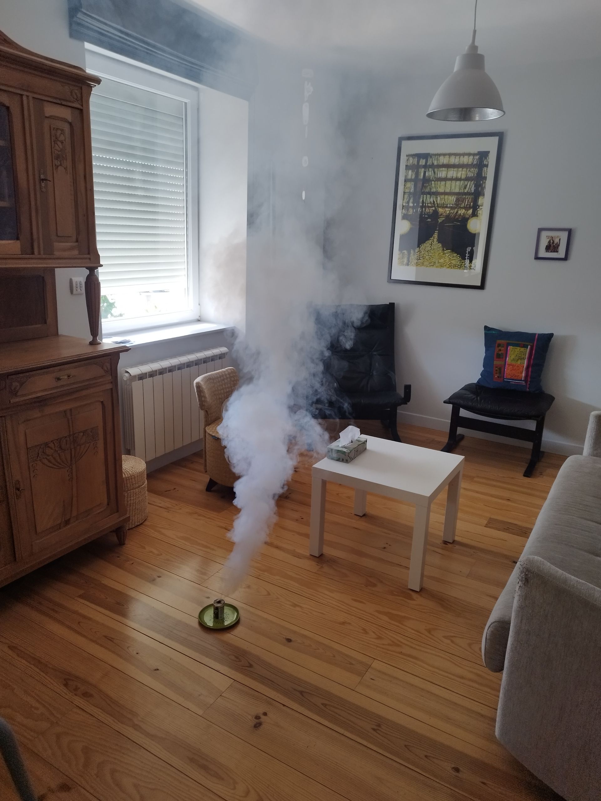 Un petit appareil vert posé sur un plancher en bois émet une épaisse colonne de fumée blanche dans un salon meublé.