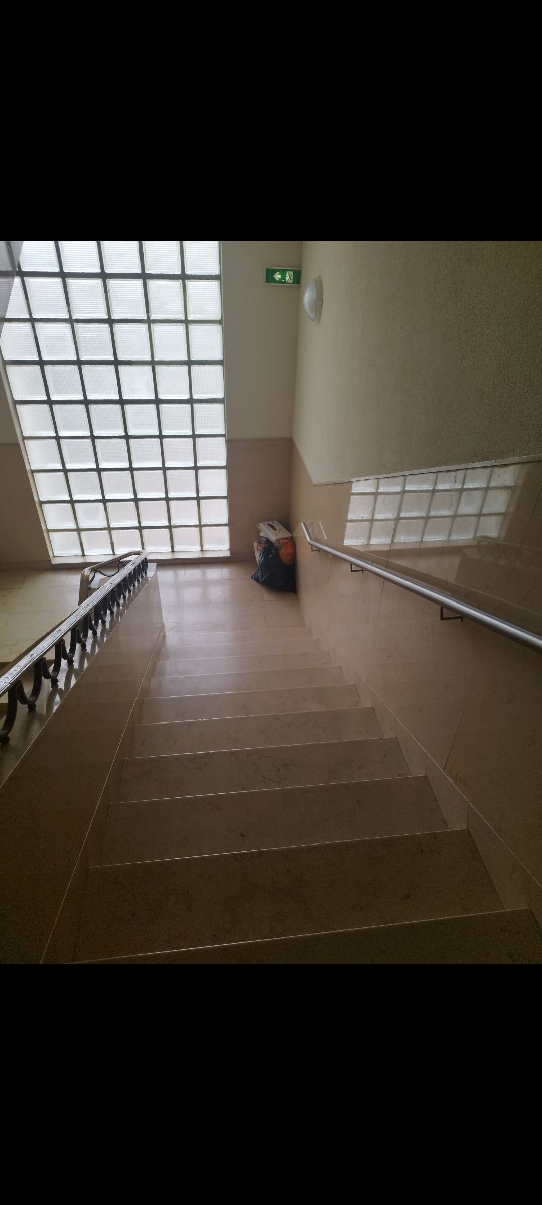 Vue plongeante sur un escalier carrelé avec une rampe, menant à une fenêtre en pavés de verre et à une petite poubelle.