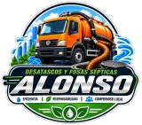 Logotipo de un camión séptico naranja para ALONSO, con «Desatascos y fosas sépticas» e iconos de servicios.