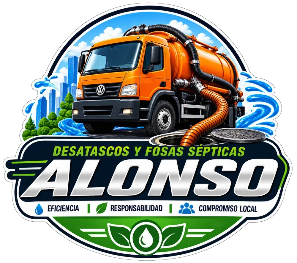 Logotipo de un cami&oacute;n s&eacute;ptico naranja para ALONSO, con &laquo;Desatascos y fosas s&eacute;pticas&raquo; e iconos de servicios.