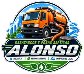 Logotipo de un camión séptico naranja para ALONSO, con «Desatascos y fosas sépticas» e iconos de servicios.