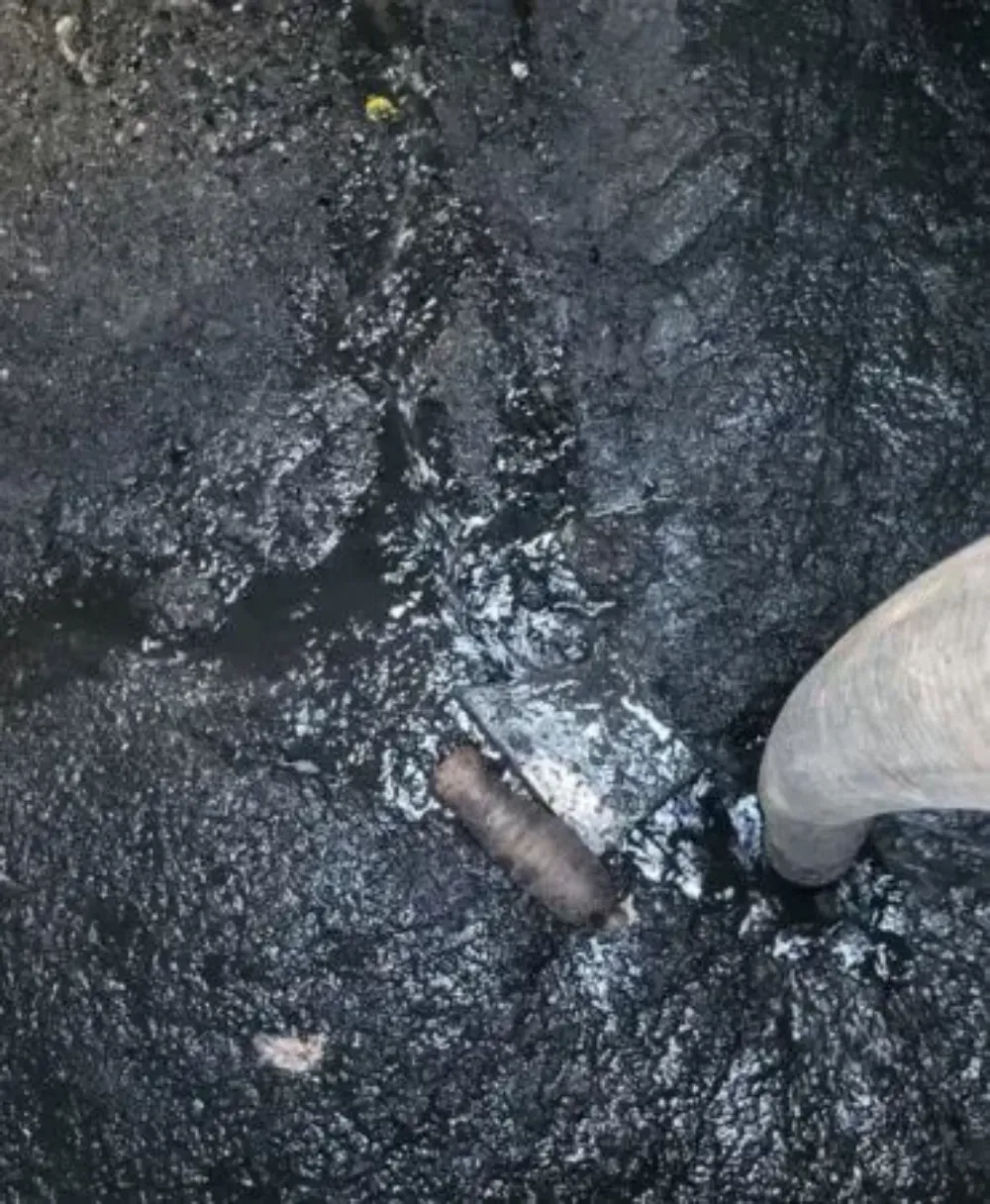 Suelo negro y fangoso, con una pequeña tubería oxidada y una manguera o bota de color claro en el borde