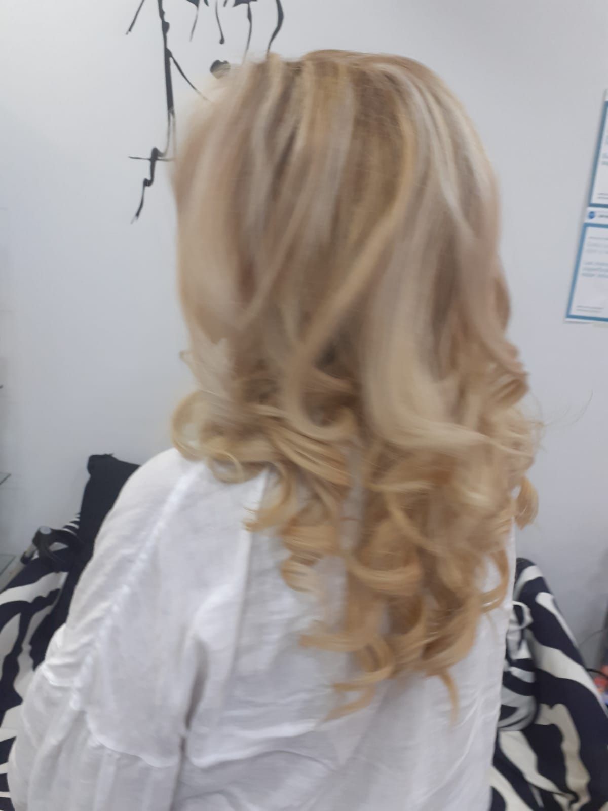 Cabello rubio y ondulado visto desde atrás, en una habitación con una pared blanca y una manta con estampado de cebra sobre una silla