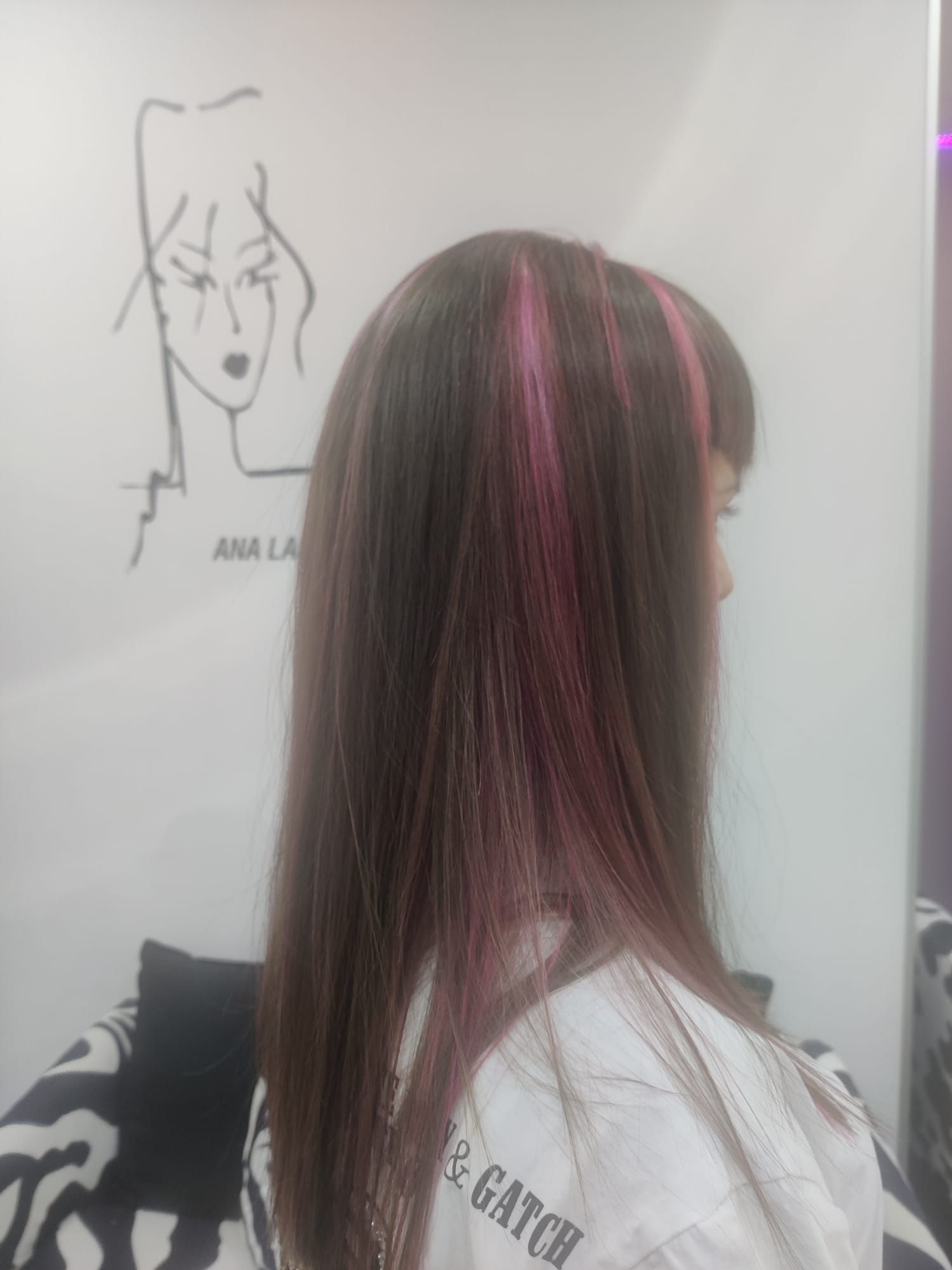 Persona de perfil, con el pelo largo y mechones rosas, delante de un dibujo mural de estilo salón de belleza.