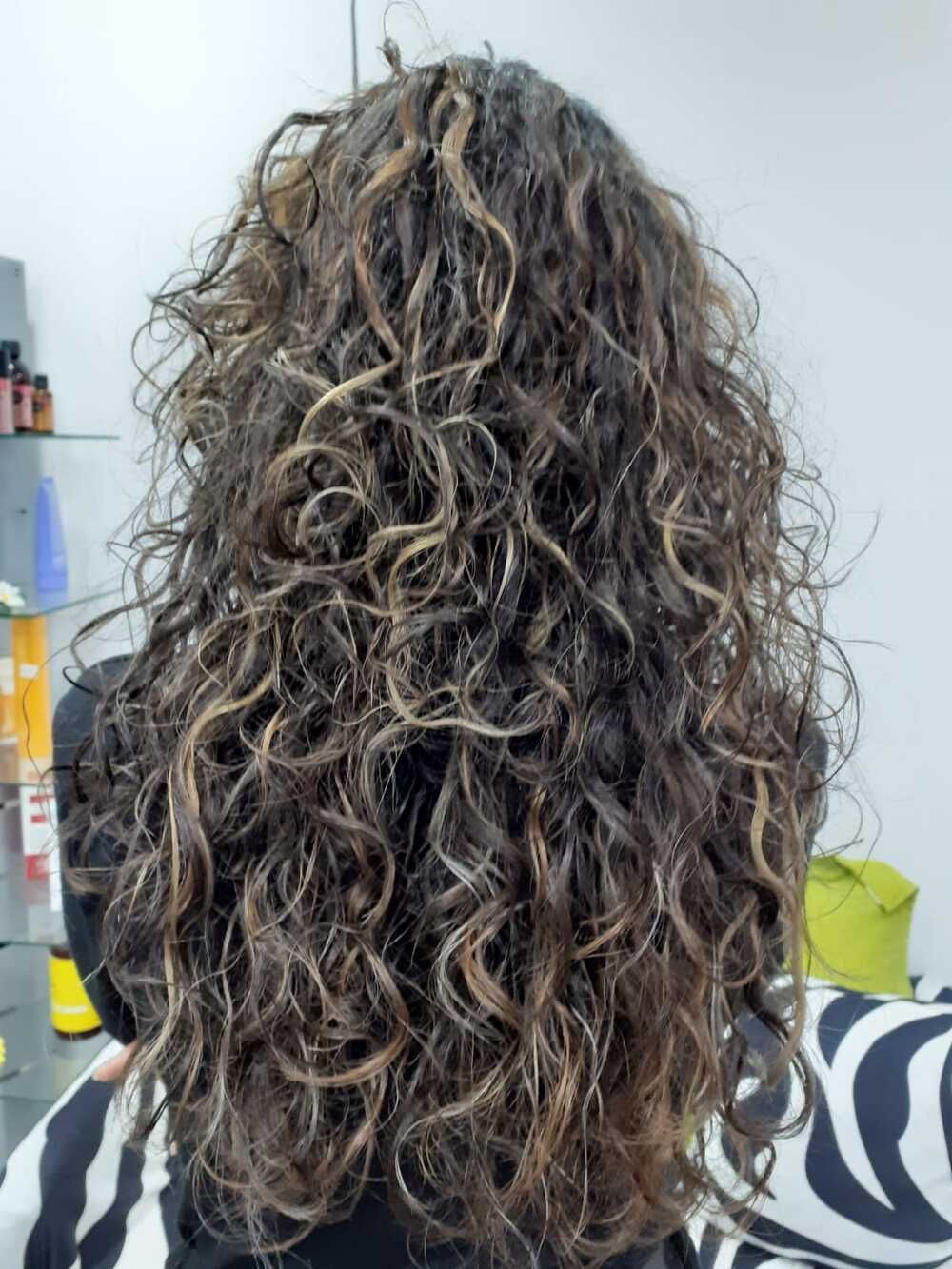 Vista trasera de una melena larga y rizada, castaña con mechas rubias, sobre un fondo claro