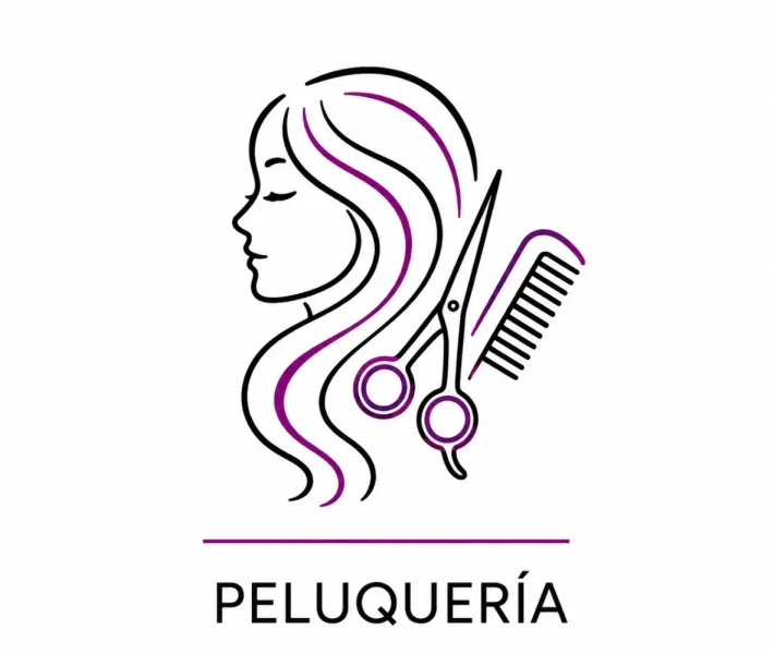 Logotipo de Peluquería con perfil femenino estilizado, tijeras, peine y detalles en color púrpura.
