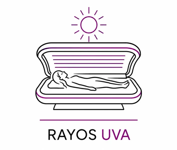 Persona tomando el sol en una cama de rayos UV bajo un icono de sol, con el texto