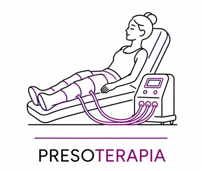 Mujer reclinada en una silla de terapia conectada a una máquina de presoterapia, con la palabra “PRESOTERAPIA” debajo.