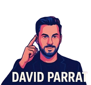 David Parrat Hypnotiseur pointant du doigt sa tête. Style dessin animé, bleu, blanc et noir.