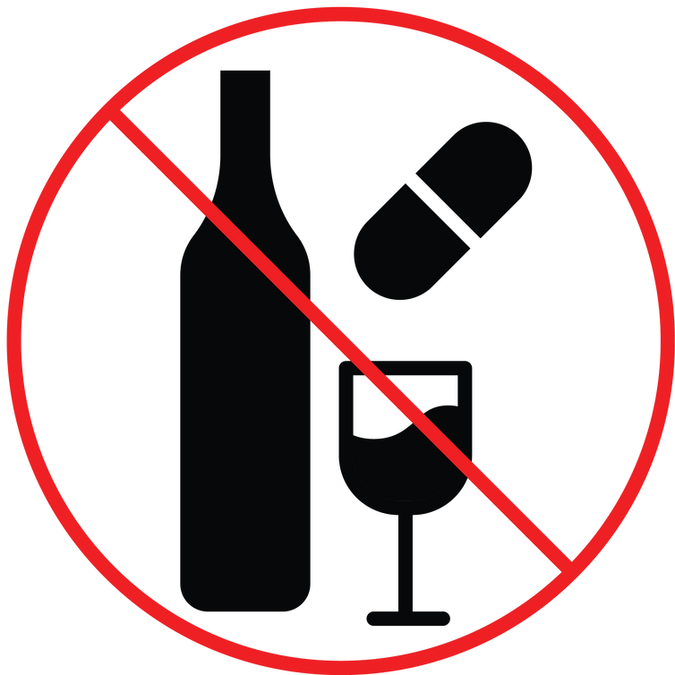 Un cercle rouge barré en diagonale recouvre une bouteille, un verre de vin et une pilule, symbolisant les addictions.