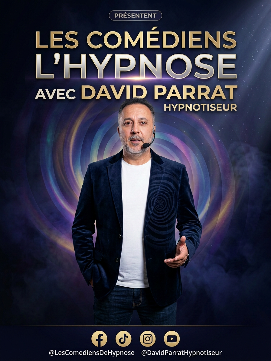 David Parrat Hypnotiseur en blazer et jean se tient debout dans un bar, un micro-casque à la main, les mains dans les poches.