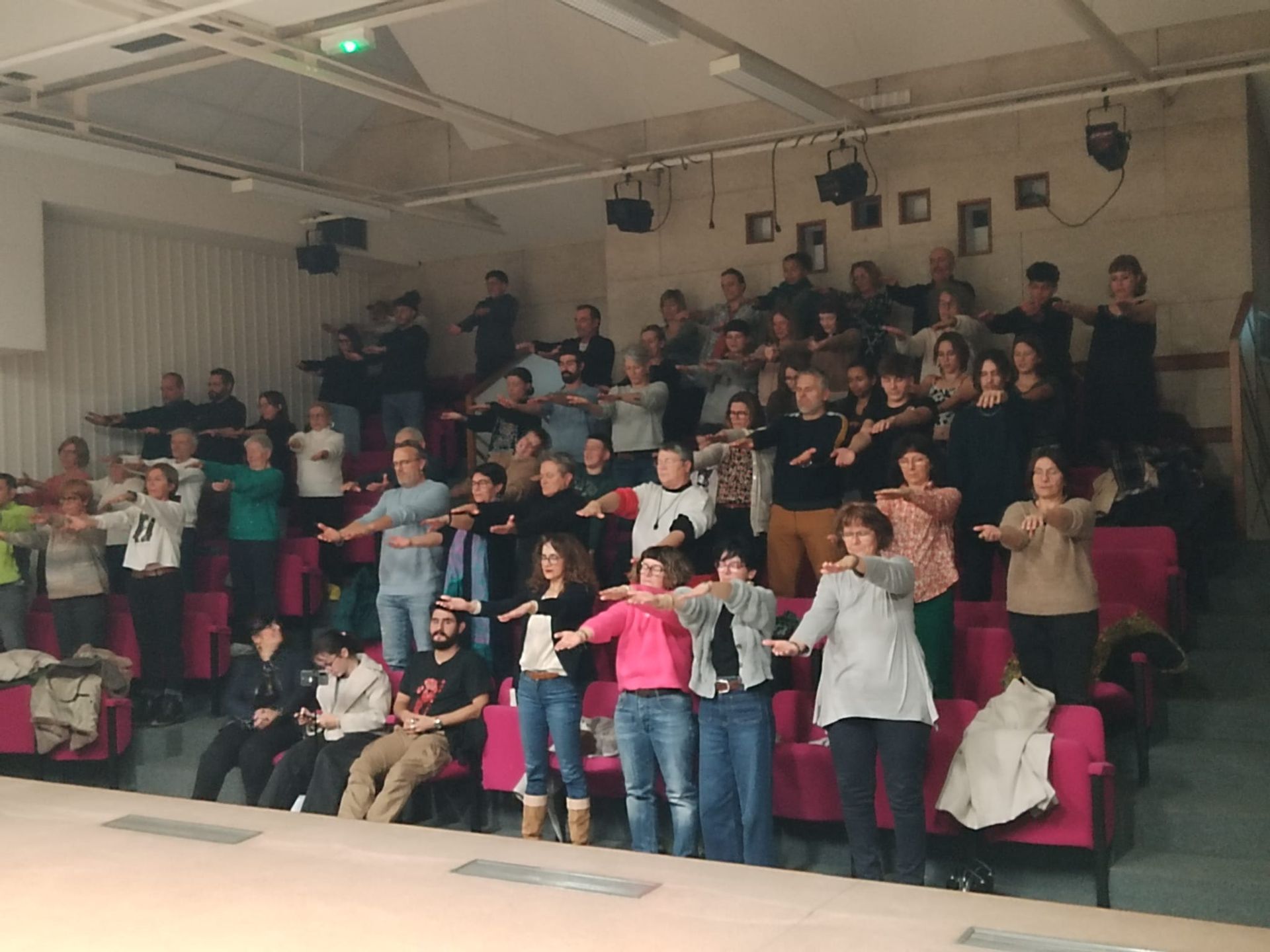 Groupe de personnes dans un auditorium, en spectacle d'hypnose. Certaines sont assises, d'autres debout sur des estrades.