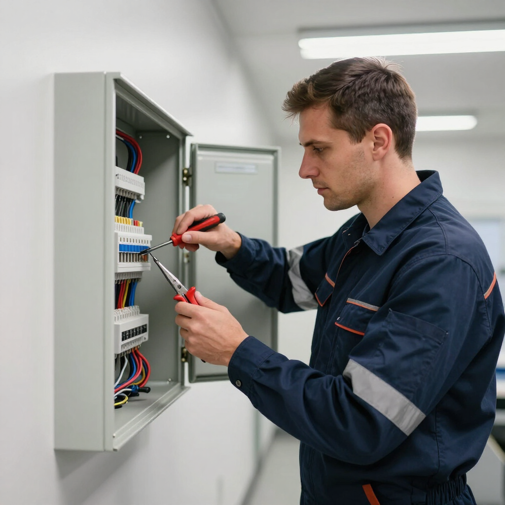 Técnico cableando un panel de control eléctrico con un destornillador y unos alicates en un pasillo luminoso.