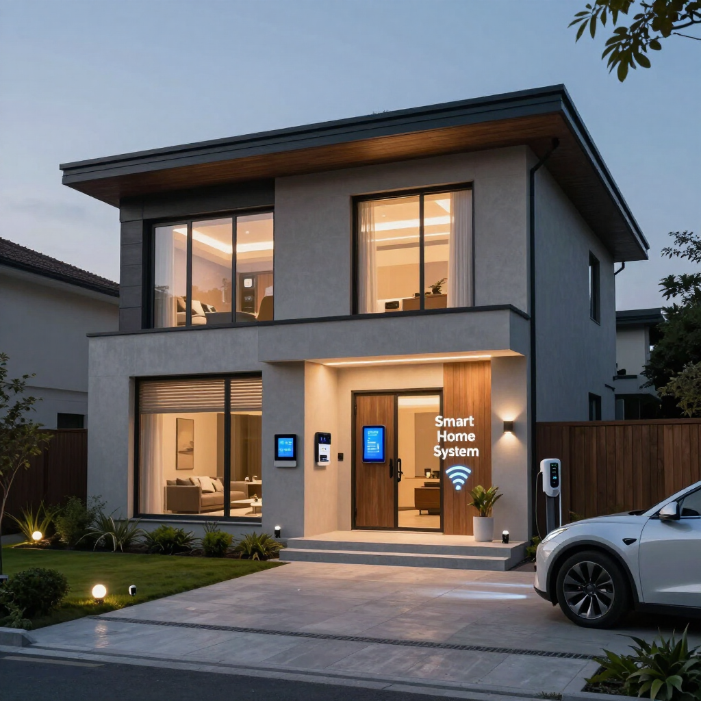 Moderna casa inteligente de dos plantas al anochecer, con ventanas iluminadas, pantallas en la entrada principal y un coche aparcado en la entrada.