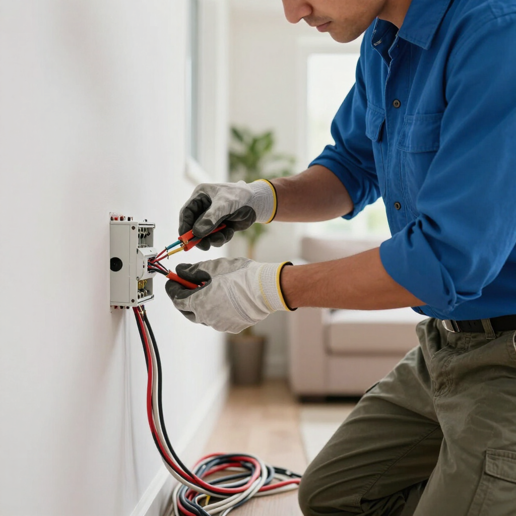 Electricista instalando cableado en un panel de tomas de corriente de pared con cables rojos y negros en una habitación luminosa.