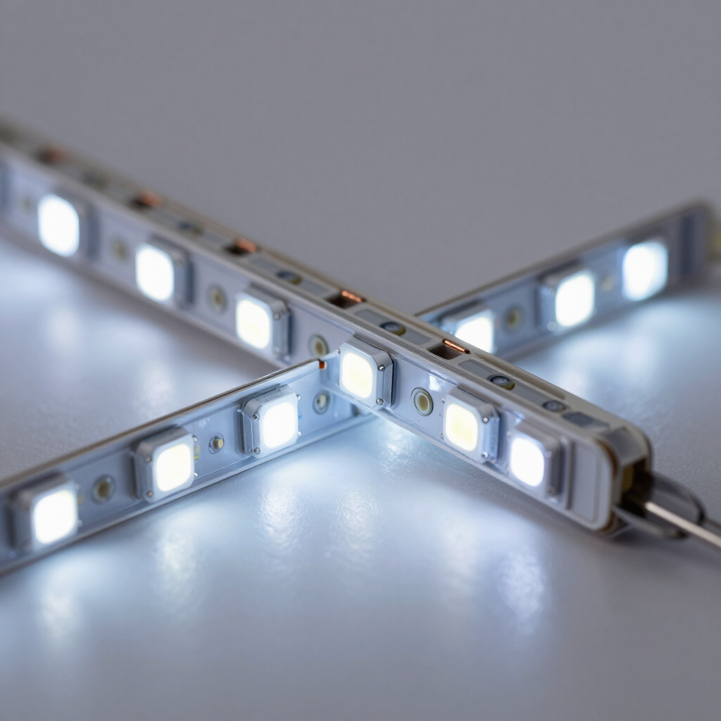 Tiras de luces LED cruzadas sobre una superficie gris, que emiten una luz blanca fría.