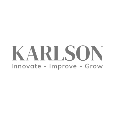 Un logotipo de Karlson que dice innovar, mejorar, crecer sobre un fondo blanco.