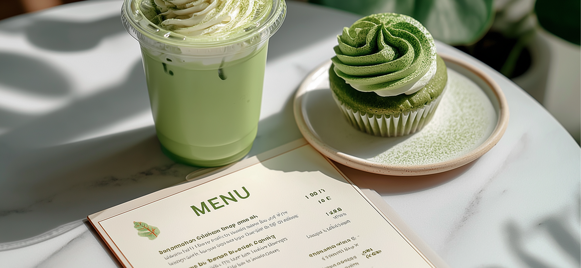 Matcha latte e cupcake su un tavolo con un menù. Cibo verde e dettagli bianchi.