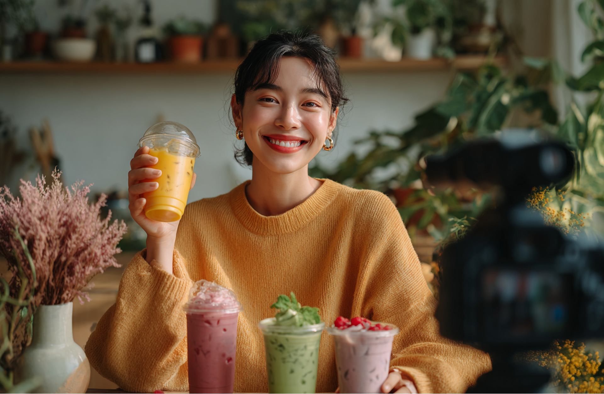 Donna che tiene in mano una bevanda all'arancia e sorride allatelecamera accanto a tre frullati colorati.