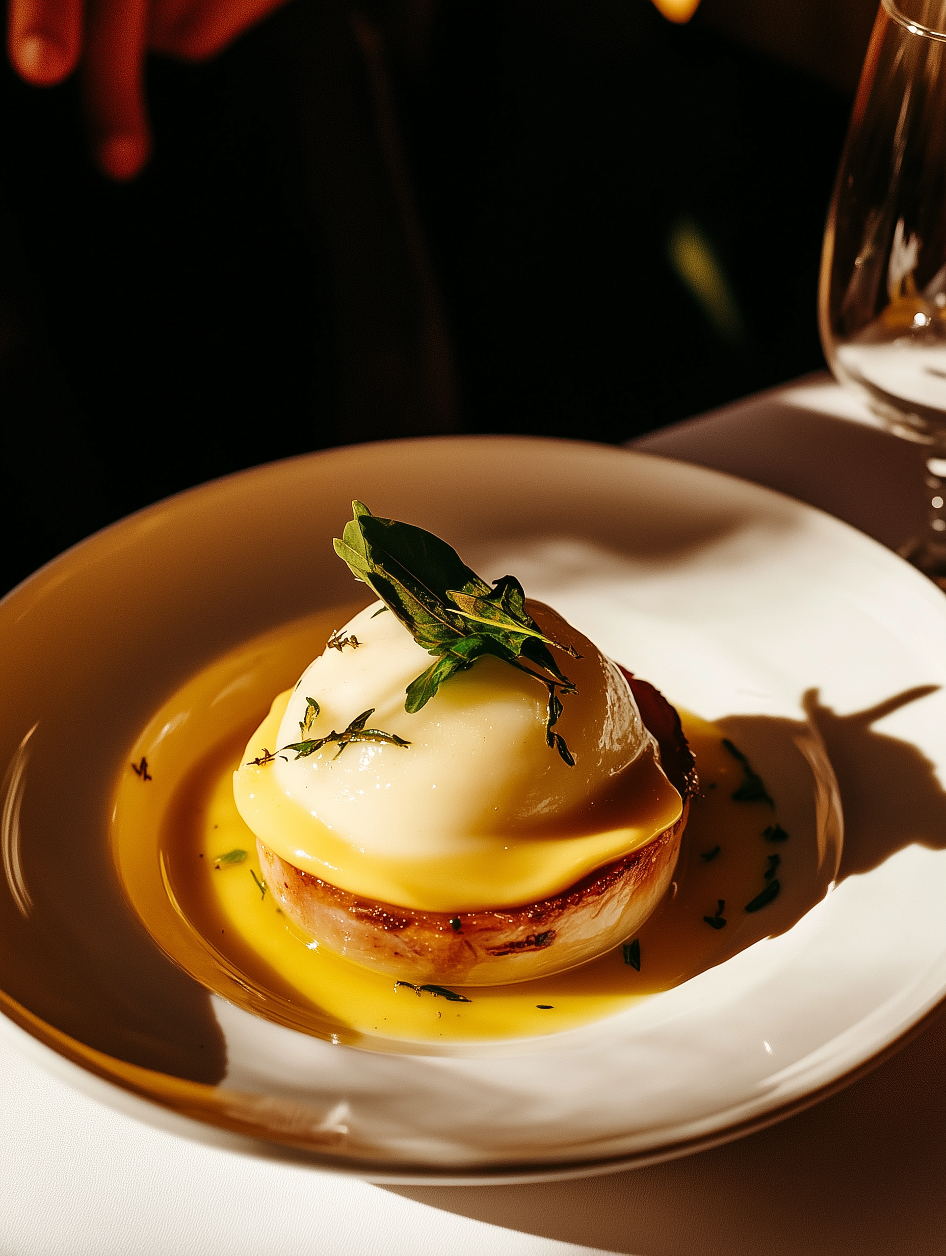 Elegantes Tellergericht: pochierte Birne mit gelber Sauce, garniert mit Kräutern.