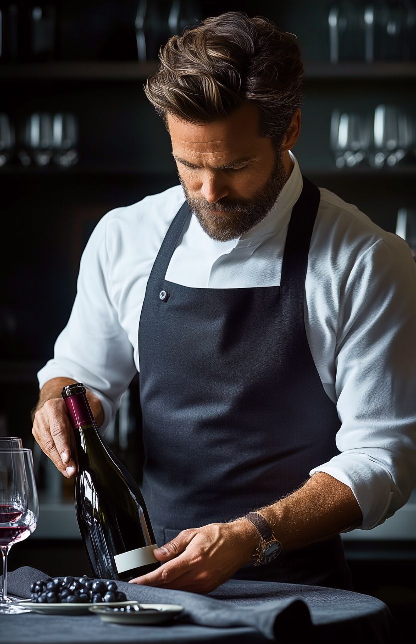 Der Koch hält eine Weinflasche und schaut auf das Etikett, neben einem Glas Wein und Trauben.