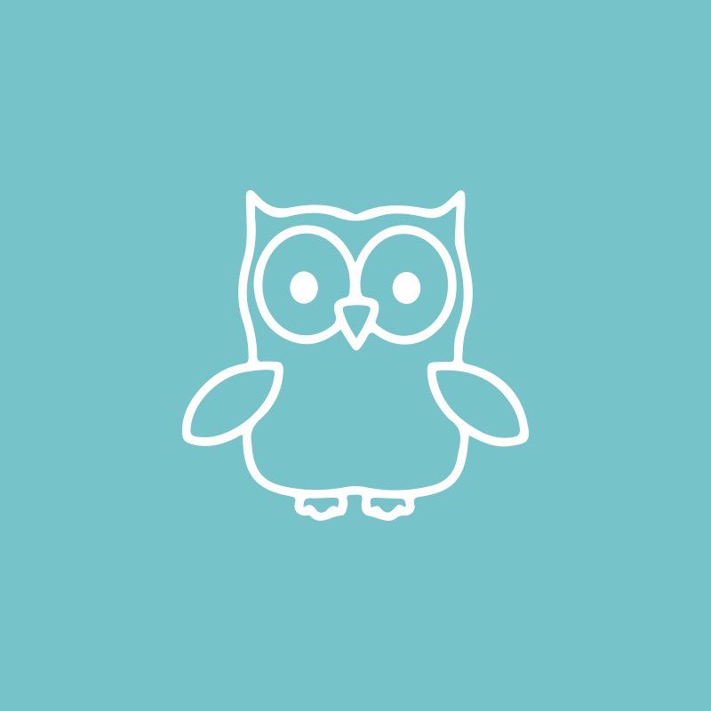 Weiße Umrisse einer Eule auf hellblauem Hintergrund.