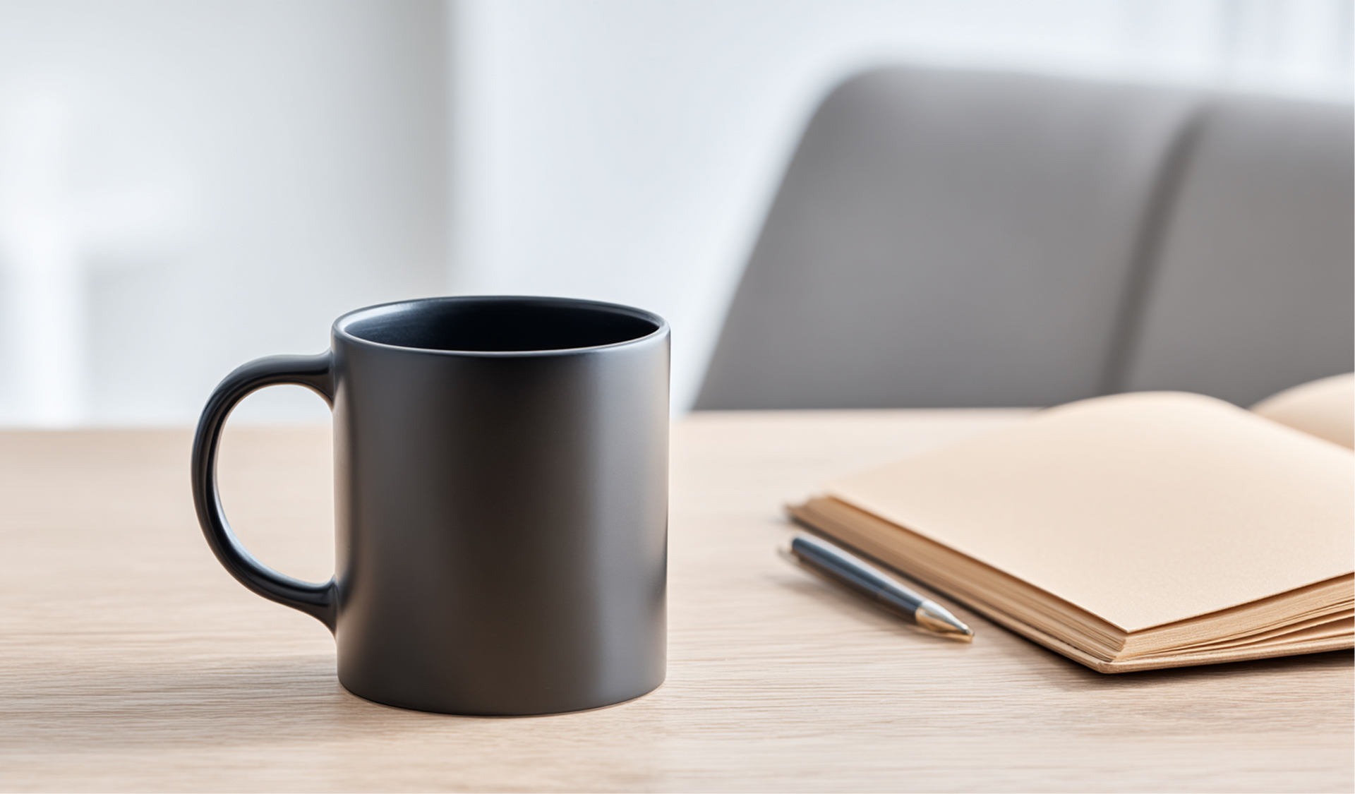 Eine schwarze Tasse neben einem Notizbuch und einem Stift auf einem Holzschreibtisch, im Hintergrund ein verschwommener Stuhl.